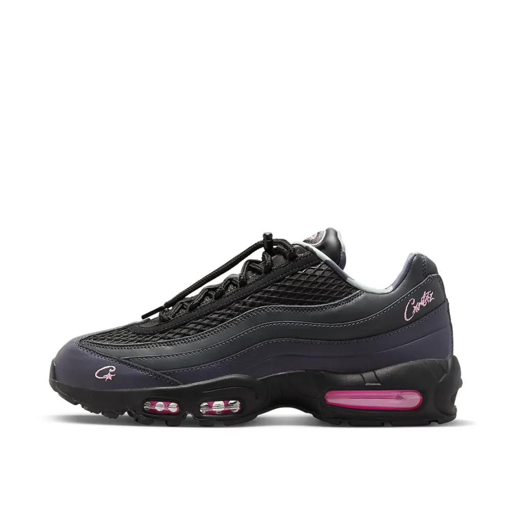 Corteiz x Air Max 95 SP Rules the World Pink Beam - Pair with Corteiz Co-Branded Nike Shoebox Showing Orange Interior and Kraft Exterior with Corteiz Script on Dark Background
