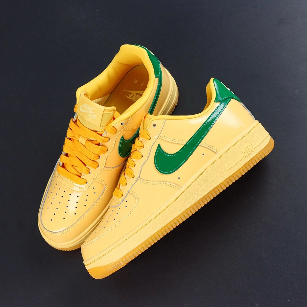 Air Force 1 Low Patent Leather Topaz Gold - Single Lateral Side Profile Pikachu Background