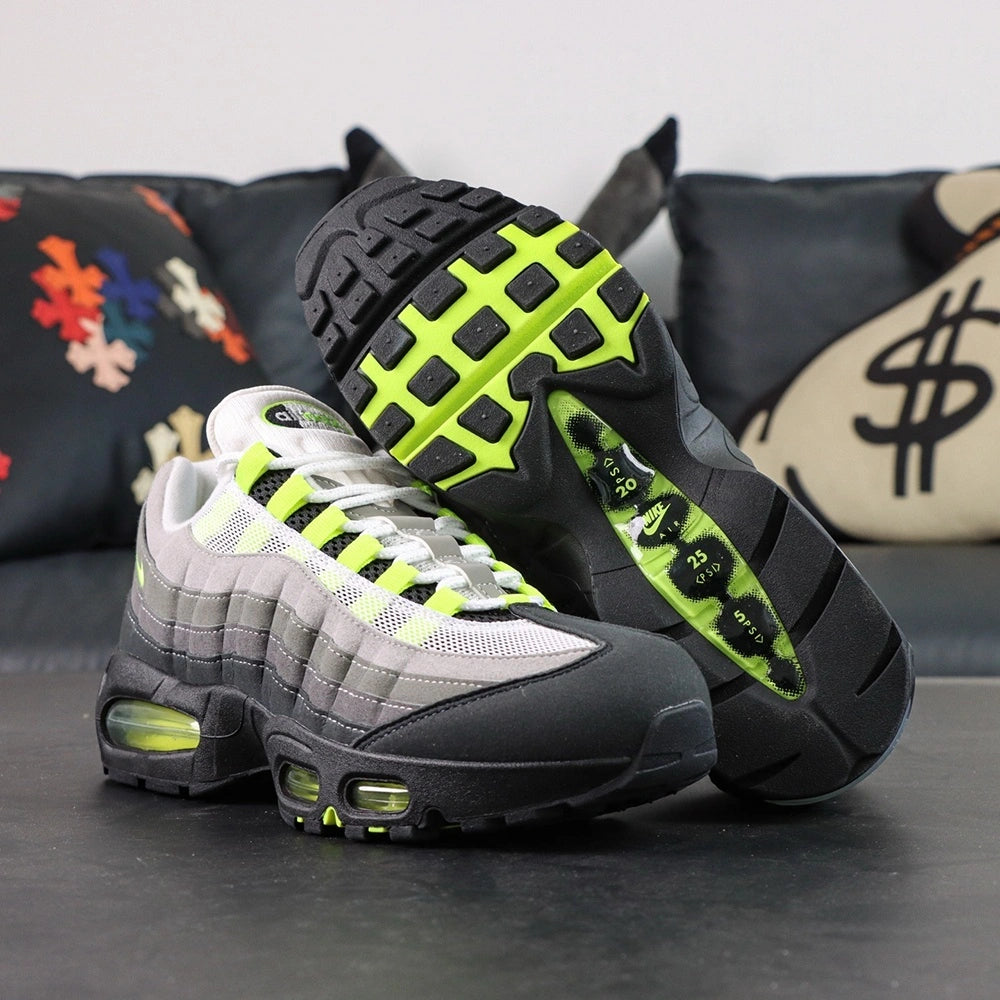 Air Max 95 OG Neon 2025 - Pair Front View on Sofa with Pikachu