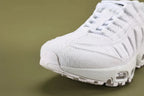Air Max 95 Triple White Men's - Heel Pair Rear View with Black Swoosh