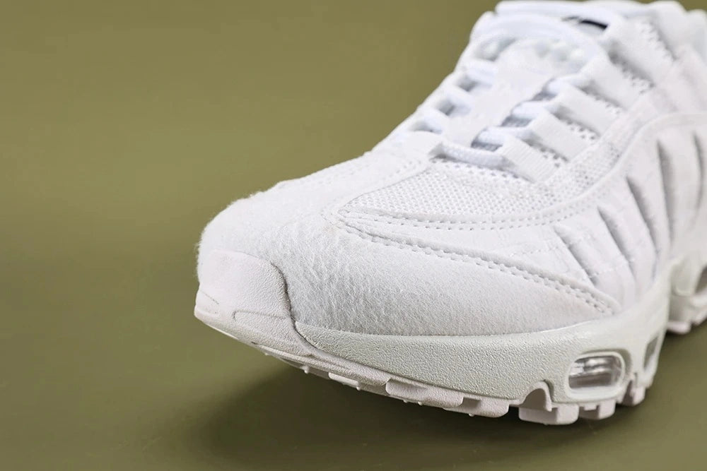 Air Max 95 Triple White Men's - Heel Pair Rear View with Black Swoosh