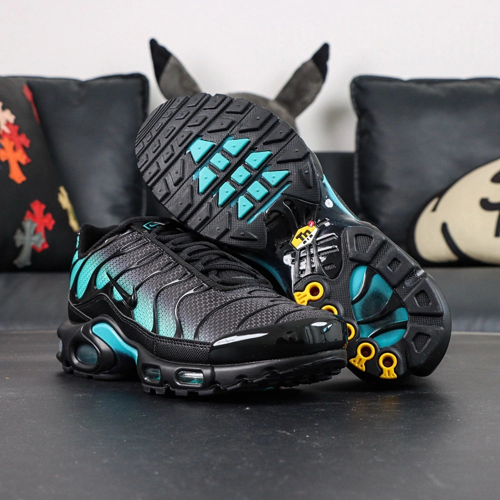 Air Max Plus Black Dusty Cactus 2025 - Lateral Side View with Pikachu on Sofa