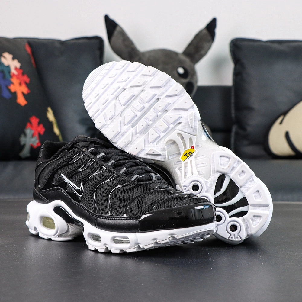 Air Max Plus Black White - Lateral Side View with Pikachu on Sofa