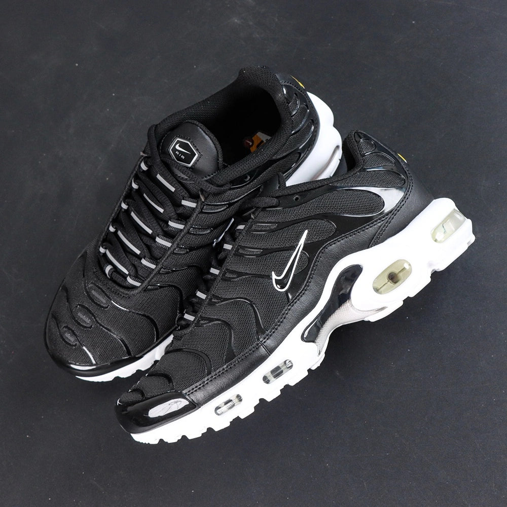 Air Max Plus Black White - Heel Pair Rear View with Gold Tn Air Badge and Pikachu
