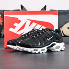 Air Max Plus Black White - Heel Pair Close Up with Gold Tn Air Badge and Pikachu
