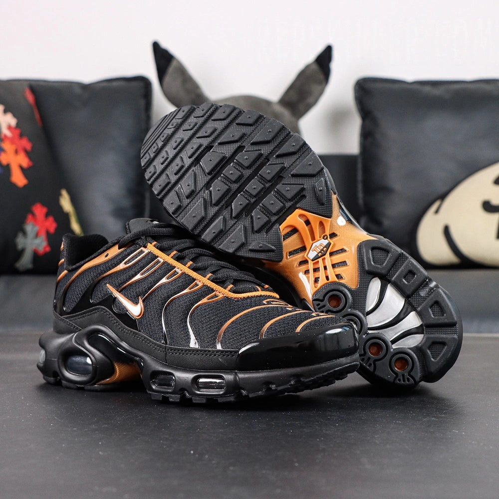 Air Max Plus Dark Obsidian Monarch 2024 - Three Quarter Lateral View with Pikachu on Sofa