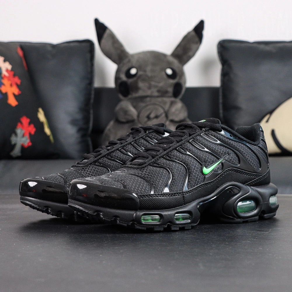 Air Max Plus Green Strike - Pair Top Down View on Dark Background