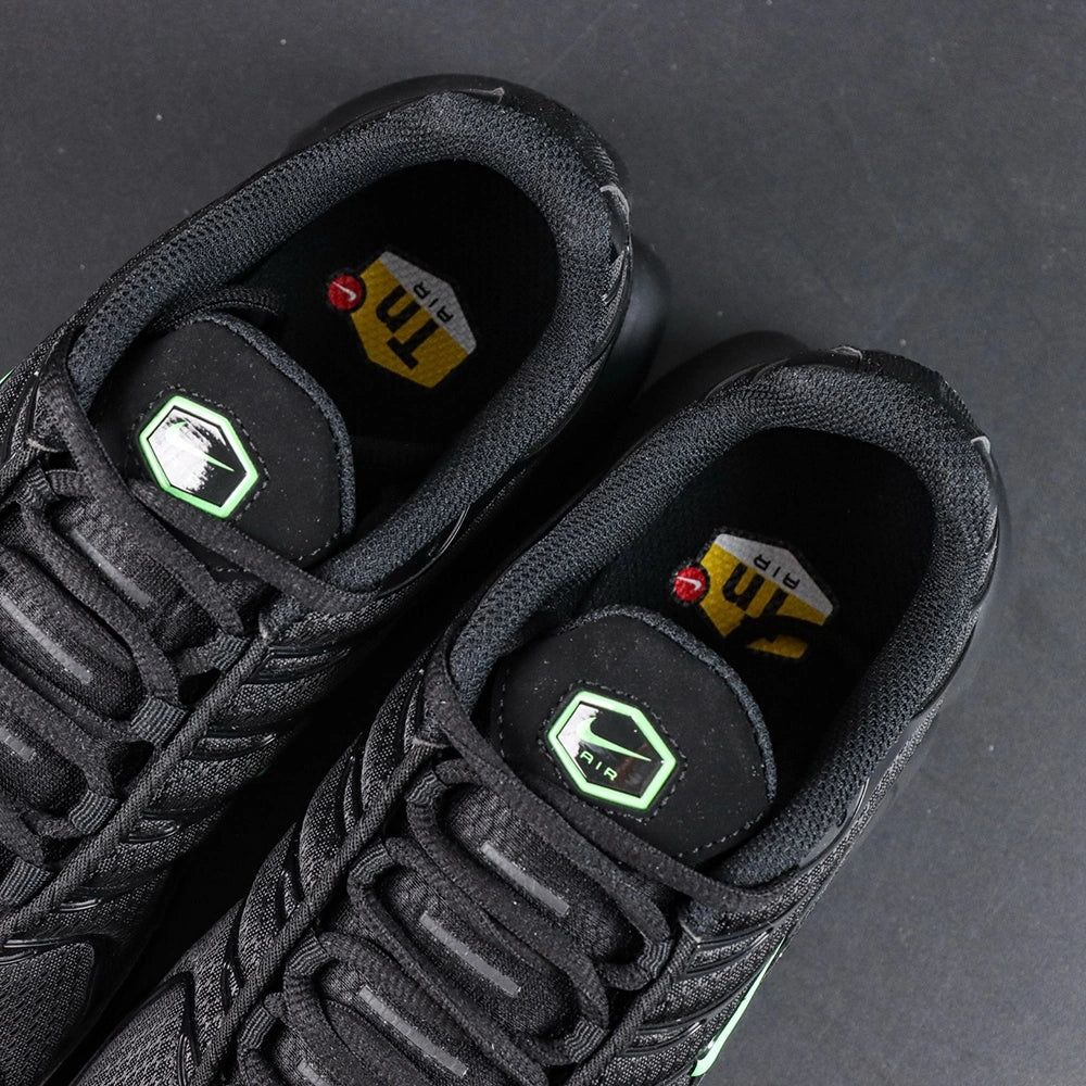 Air Max Plus Green Strike - Heel Pair Rear View with Tn Air Badge and Pikachu on Sofa