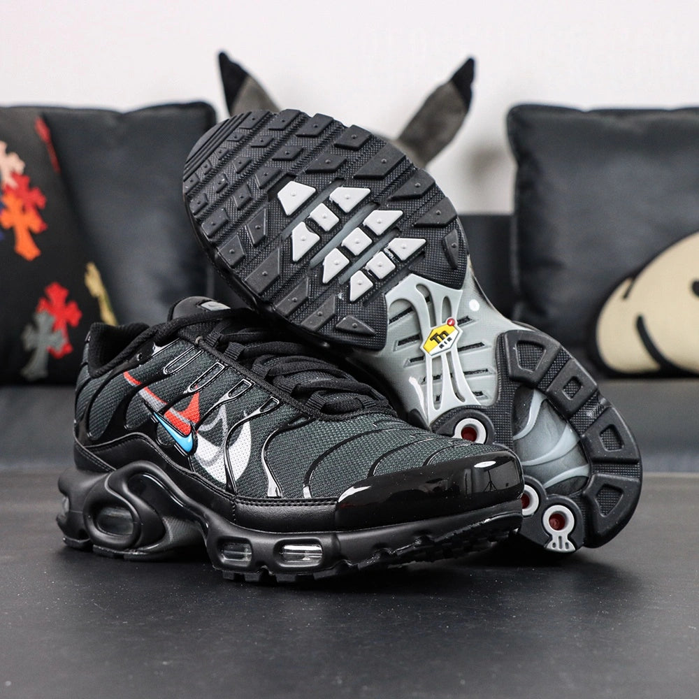 Air Max Plus Multi Swoosh Black Bright Crimson 2023 - Heel Pair Rear View with Yellow Tn Air Badge and Pikachu