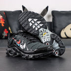 Air Max Plus Multi Swoosh Black Bright Crimson 2023 - Heel Pair Rear View with Yellow Tn Air Badge and Pikachu