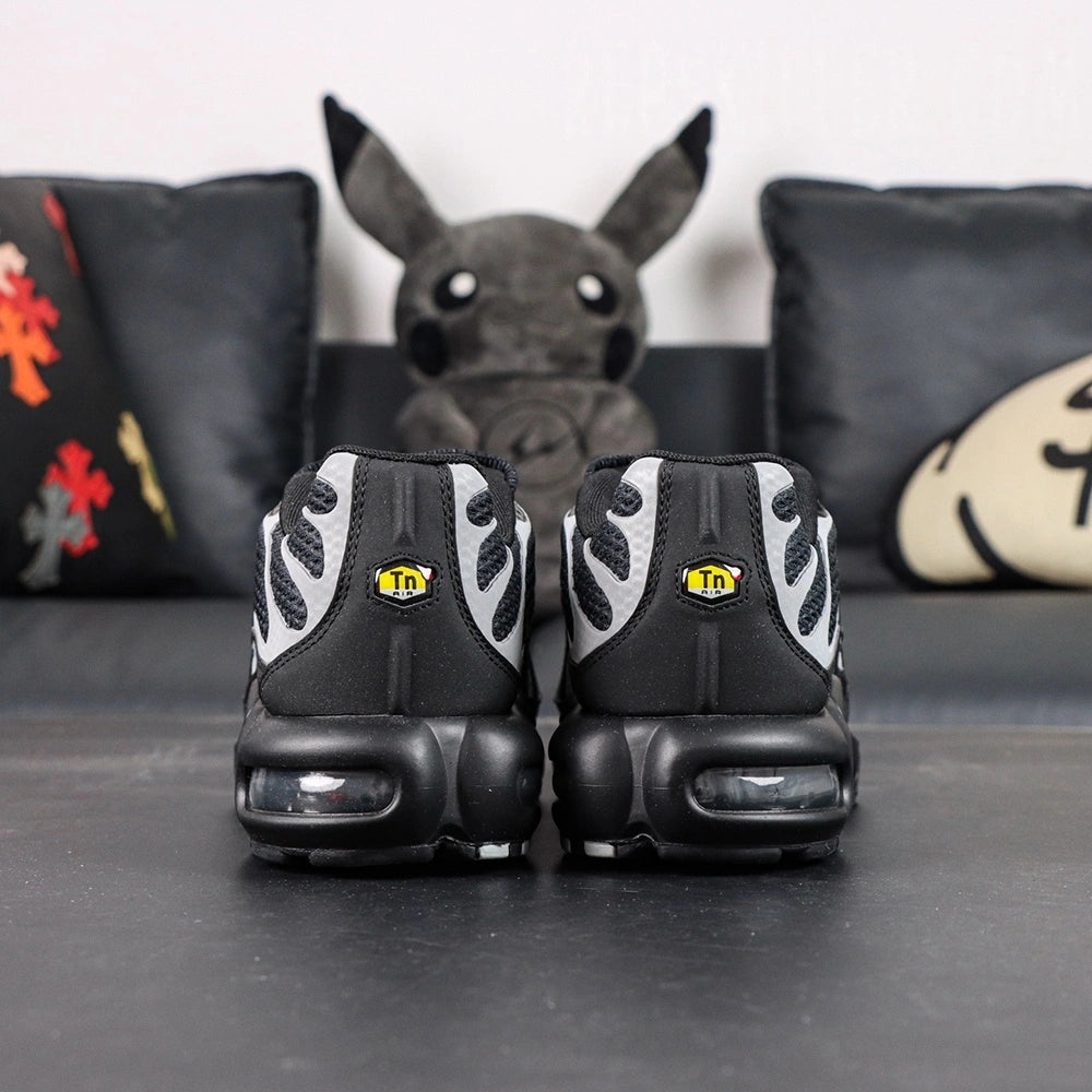 Air Max Plus Premium Black Metallic Silver 2024 - Heel Pair Rear View with Yellow Tn Air Badge and Pikachu