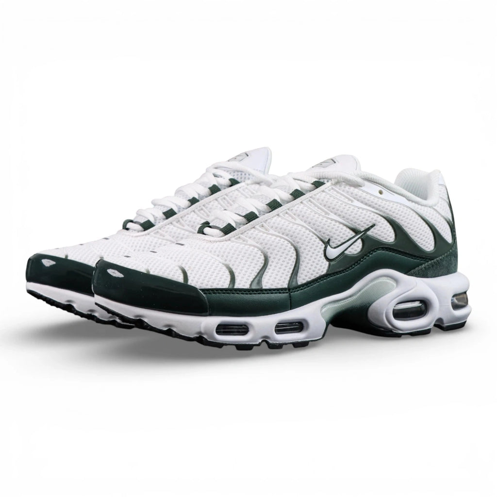 Air Max Plus Premium White Vintage Green 2024 - Heel Pair Rear View with Yellow Tn Air Badge and Pikachu on Sofa