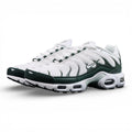 Air Max Plus Premium White Vintage Green 2024 - Heel Pair Rear View with Yellow Tn Air Badge and Pikachu on Sofa