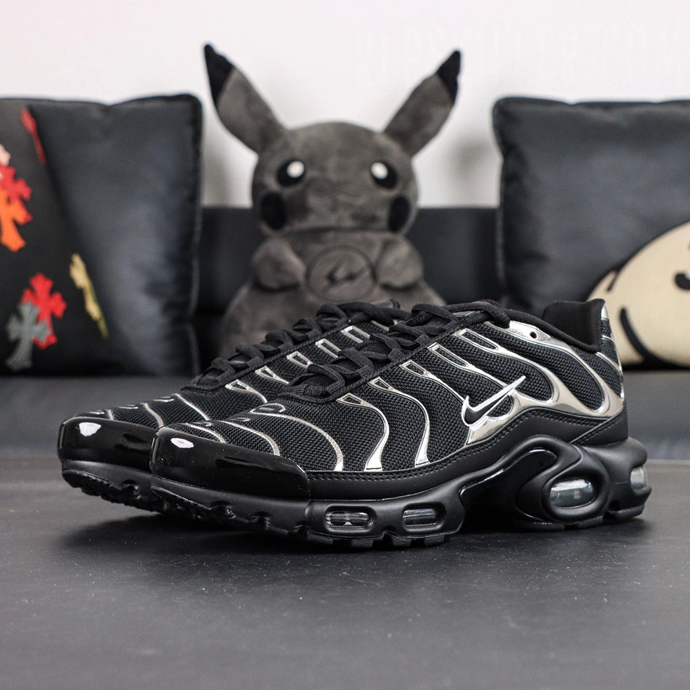 Air Max Plus SE Black Chrome Silver 2024 - Pair with Outsole Displayed Showing Black Rubber Tread and Red Heel Air Unit with Pikachu
