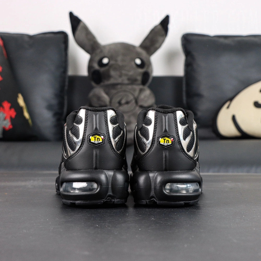 Air Max Plus SE Black Chrome Silver 2024 - Lateral Side View with Nike Box and Pikachu