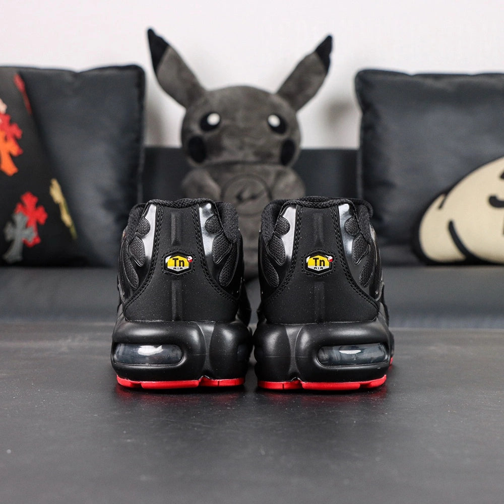 Air Max Plus Sith Lightsaber - Pair with Red Outsole Displayed and Pikachu on Sofa