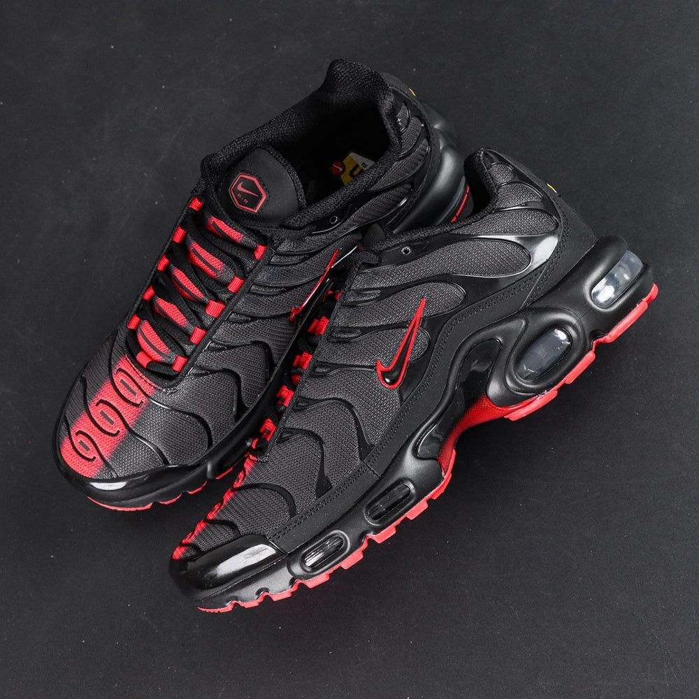 Air Max Plus Sith Lightsaber - Heel Pair Rear View with Yellow Tn Air Badge and Pikachu on Sofa