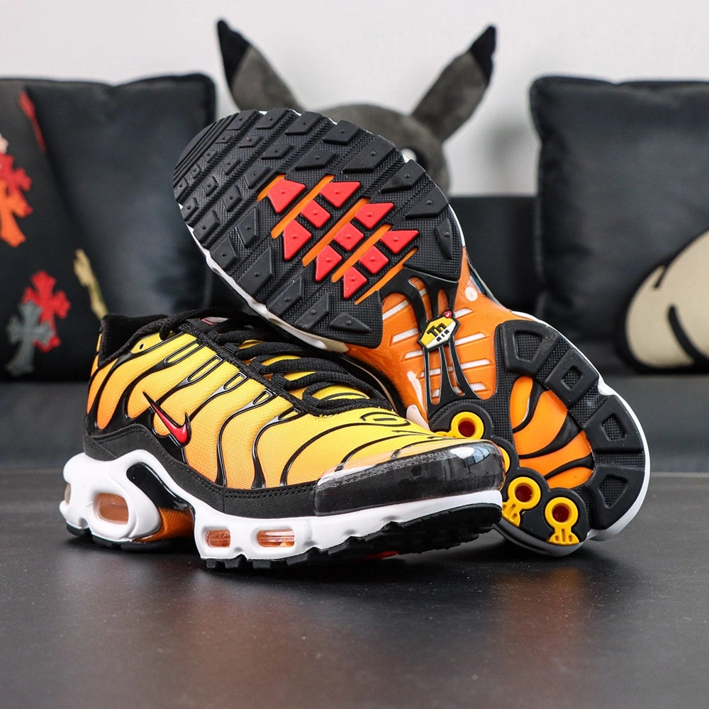 Air Max Plus Sunset 2024 - Heel Pair Rear View with Yellow Tn Air Badge and Pikachu on Sofa