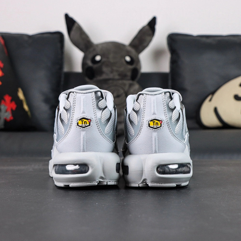 Air Max Plus TN Wolf Grey 2018 - Lateral Side View with Nike Box and Pikachu on Sofa