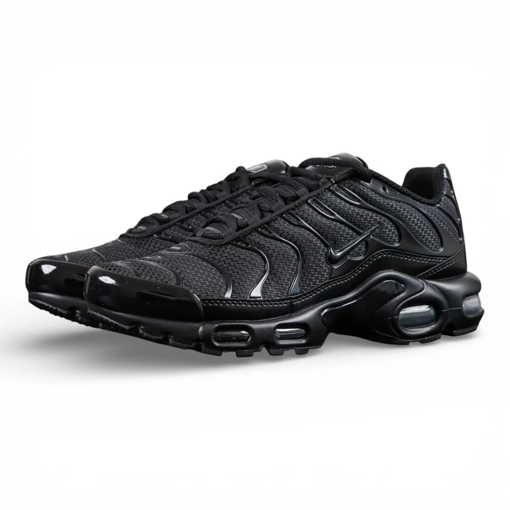 Air Max Plus Triple Black 2017 - Heel Pair Rear View with Yellow Tn Air Badge and Pikachu on Sofa