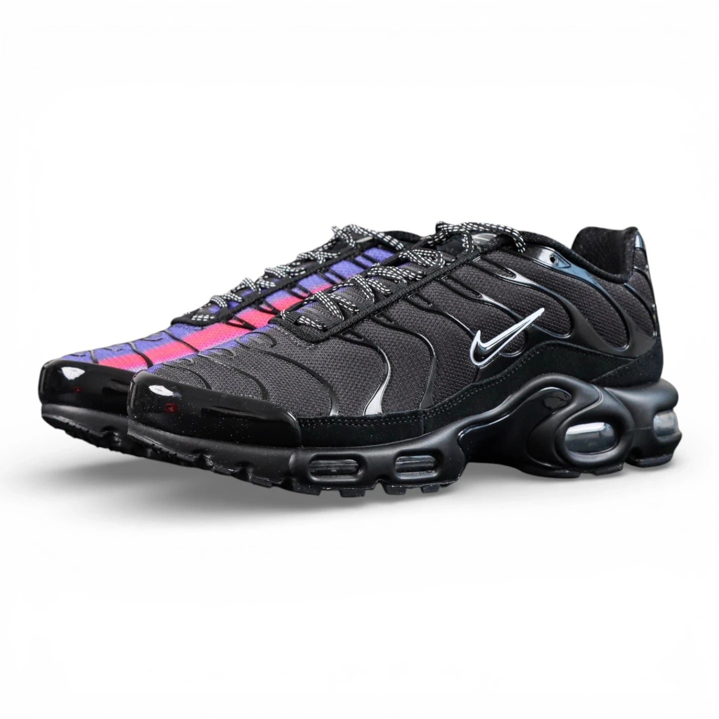 Air Max Plus Unity - Lateral Side View with Pikachu on Sofa Showing Full Rainbow Gradient Wave Panels