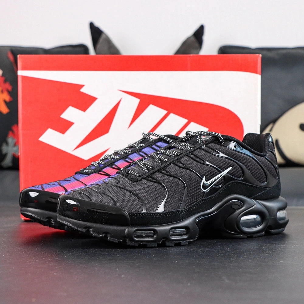 Air Max Plus Unity - Pair with Outsole Displayed Showing Iridescent Blue Purple Air Units Yellow Tn Air Badge and Red Accent Dots with Pikachu on Sofa