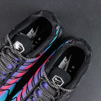 Air Max Plus Unity - Toe Box Close Up Detail Showing Purple to Blue Gradient Wave Panels and Glossy Black Toe Cap on Dark Background
