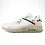 Air Max x Off-White 90 The Ten - Heel Pair Rear View Showing Ice Blue Collar Lining and Suede Heel Counter with Orange Zip-Tie Accessory on Sage Background