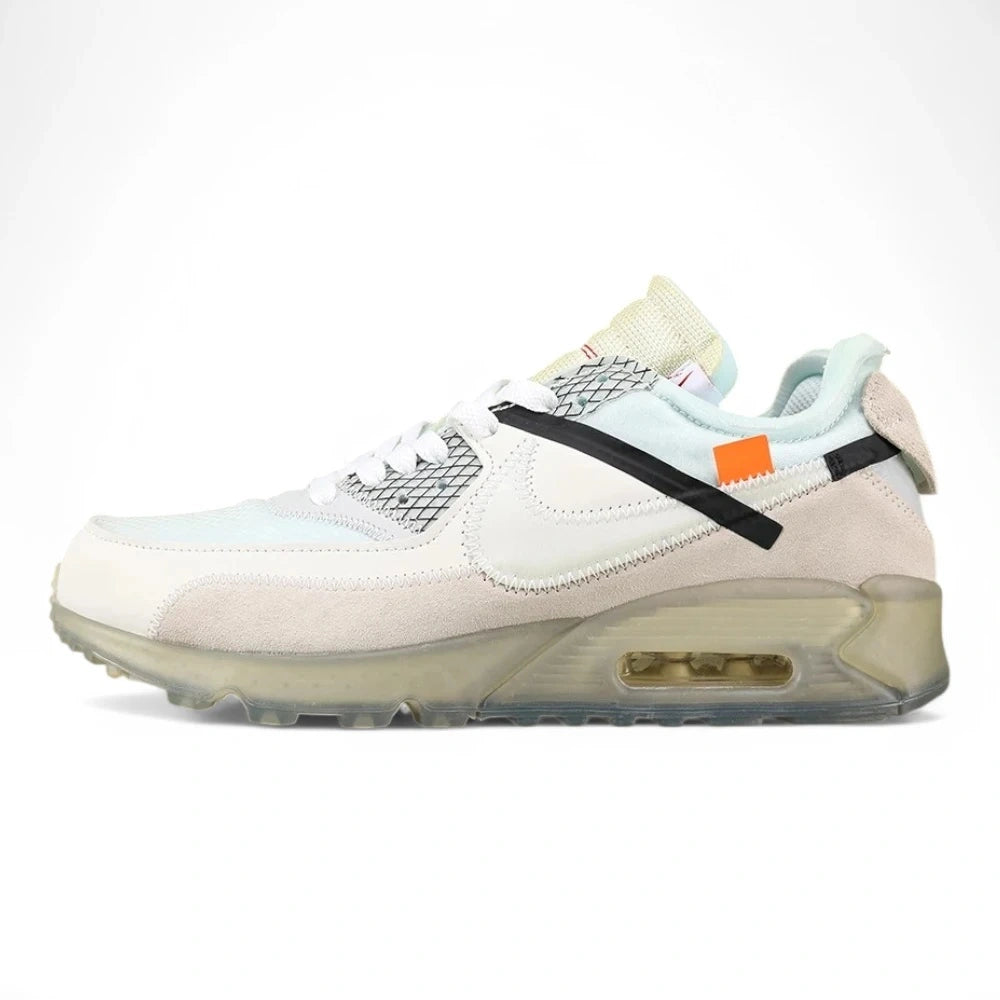 Air Max x Off-White 90 The Ten - Heel Pair Rear View Showing Ice Blue Collar Lining and Suede Heel Counter with Orange Zip-Tie Accessory on Sage Background