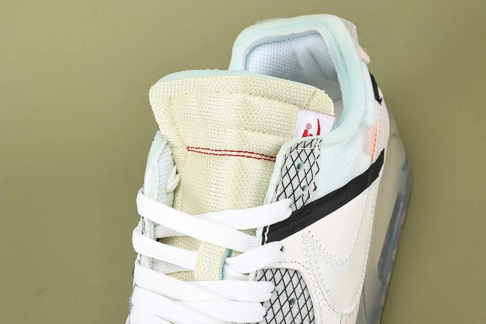Air Max x Off-White 90 The Ten - Lateral Side View Showing Black Zip-Tie Strap and Icy Translucent Outsole on Sage Background