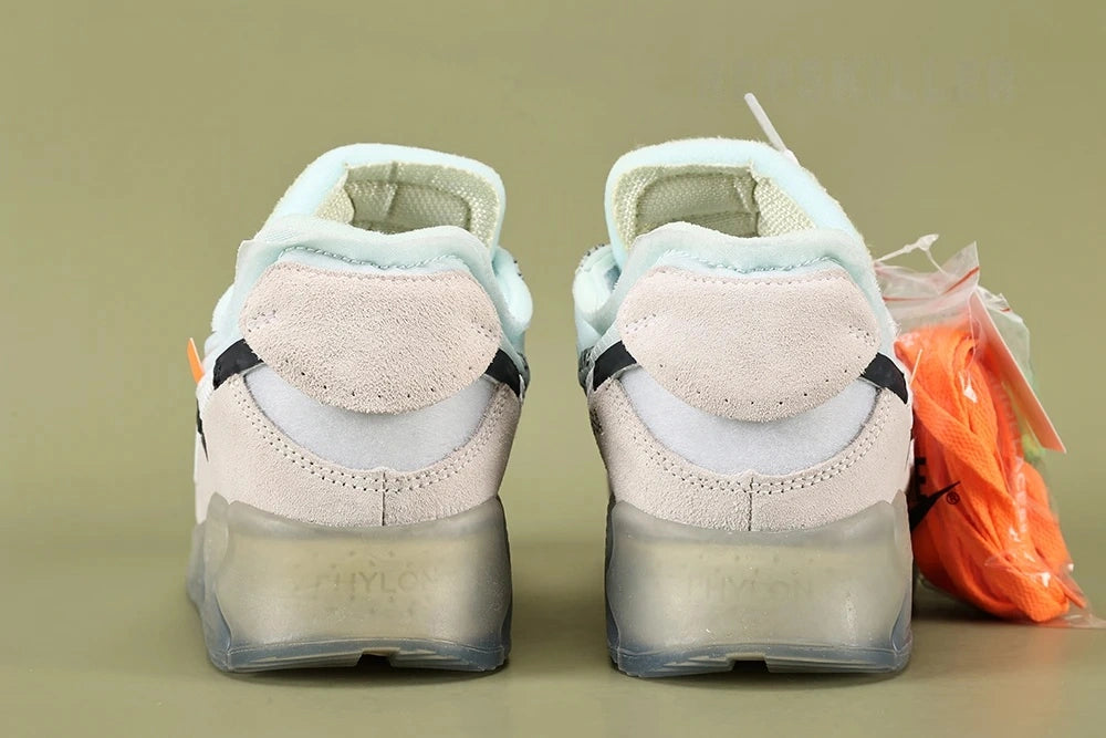 Air Max x Off-White 90 The Ten - Full Outsole View Showing Translucent Icy Rubber Tread and Full Length Air Unit on Sage Background