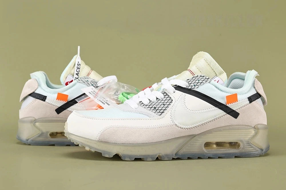 Air Max x Off-White 90 The Ten - Medial Side View Showing Off-White for NIKE Nike Air Max 90 Beaverton Oregon USA c 1990 Text on Sage Background