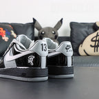 Central Cee x Air Force 1 Low Black White Smoke Grey 2026 - toe box patent leather close up