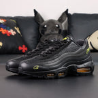 Corteiz x Air Max 95 SP Honey Blacks - Pair with Custom Corteiz Co-Branded Nike Shoebox on Dark Background