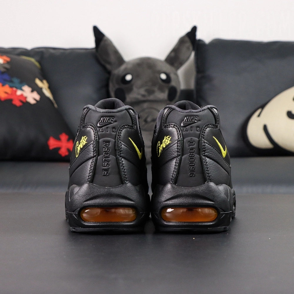 Corteiz x Air Max 95 SP Honey Blacks - Lateral Side View on White Background Showing Volt Swoosh Honey Amber Air Units and Gold Corteiz Script on Heel Spine