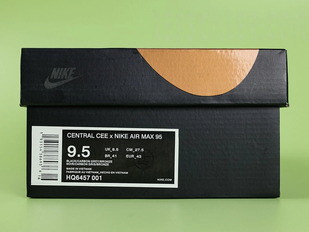 Central Cee x Air Max 95 Live Yours - Toe Box Close Up Detail Showing Black Mesh and Anthracite Nubuck Overlays on Green Background