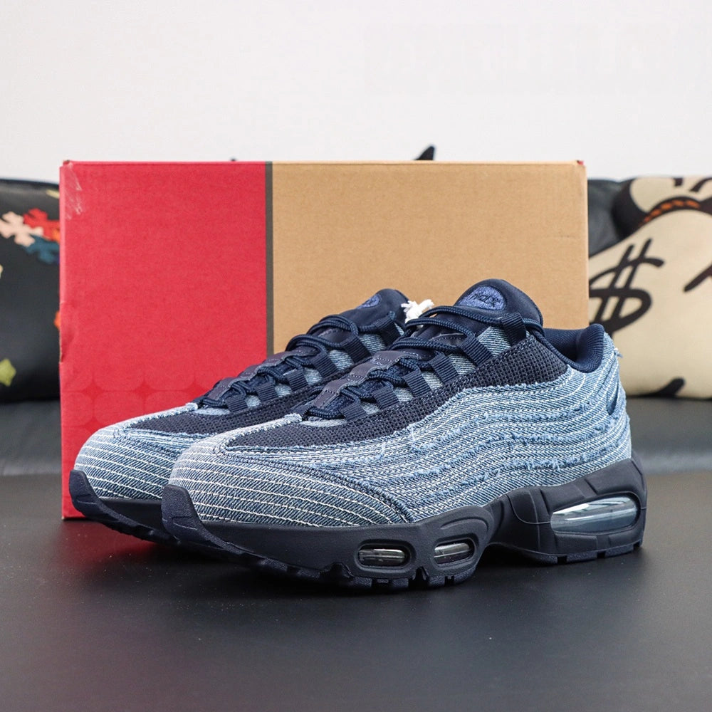 Levis x Air Max 95 OG Obsidian 2025 - Collar Close Up Showing Raw Edge Denim Fraying and Red Fabric Collar Lining on Dark Background