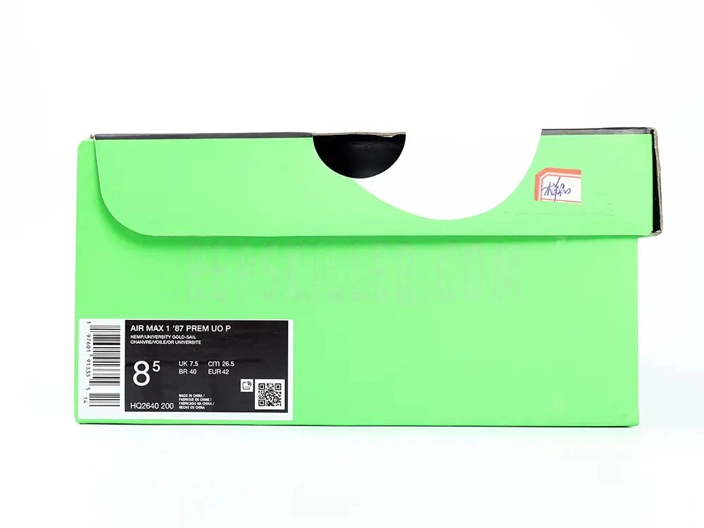 Air Max 1 87 Premium PE University of Oregon - Lateral Side View on White Background Showing Desert Sand Suede Toe Box Perforated Tan Leather Quarter Panel Dark Brown Corduroy Panel and Teal Swoosh with Oregon O Hang Tag