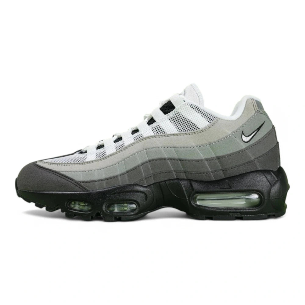 Air Max 95 OG Grey Gradient - Lateral Full Side View on White Background Showing Dark Charcoal Suede Toe Box White Mesh Base Four Stage Grey Gradient Spine White Black Dual Tone Swoosh and Smoke Air Units