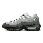 Air Max 95 OG Grey Gradient - Lateral Full Side View on White Background Showing Dark Charcoal Suede Toe Box White Mesh Base Four Stage Grey Gradient Spine White Black Dual Tone Swoosh and Smoke Air Units