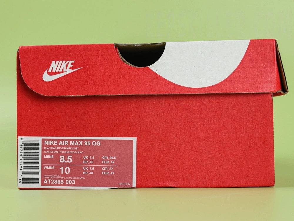 Air Max 95 OG Grey Gradient - Pair Three Quarter Lateral View on Green Background Showing Full Upper Construction Grey Gradient Spine Dual Tone Swoosh Smoke Translucent Air Units and Black Midsole