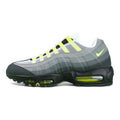 Air Max 95 OG Neon CT1689-001 - Lateral Full Side View on White Background Showing Black Suede Toe Box White Mesh Base Four Stage Grey Gradient Spine Neon Yellow Swoosh Volt Air Units and Neon Yellow Lace Loops