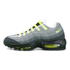 Air Max 95 OG Neon CT1689-001 - Lateral Full Side View on White Background Showing Black Suede Toe Box White Mesh Base Four Stage Grey Gradient Spine Neon Yellow Swoosh Volt Air Units and Neon Yellow Lace Loops