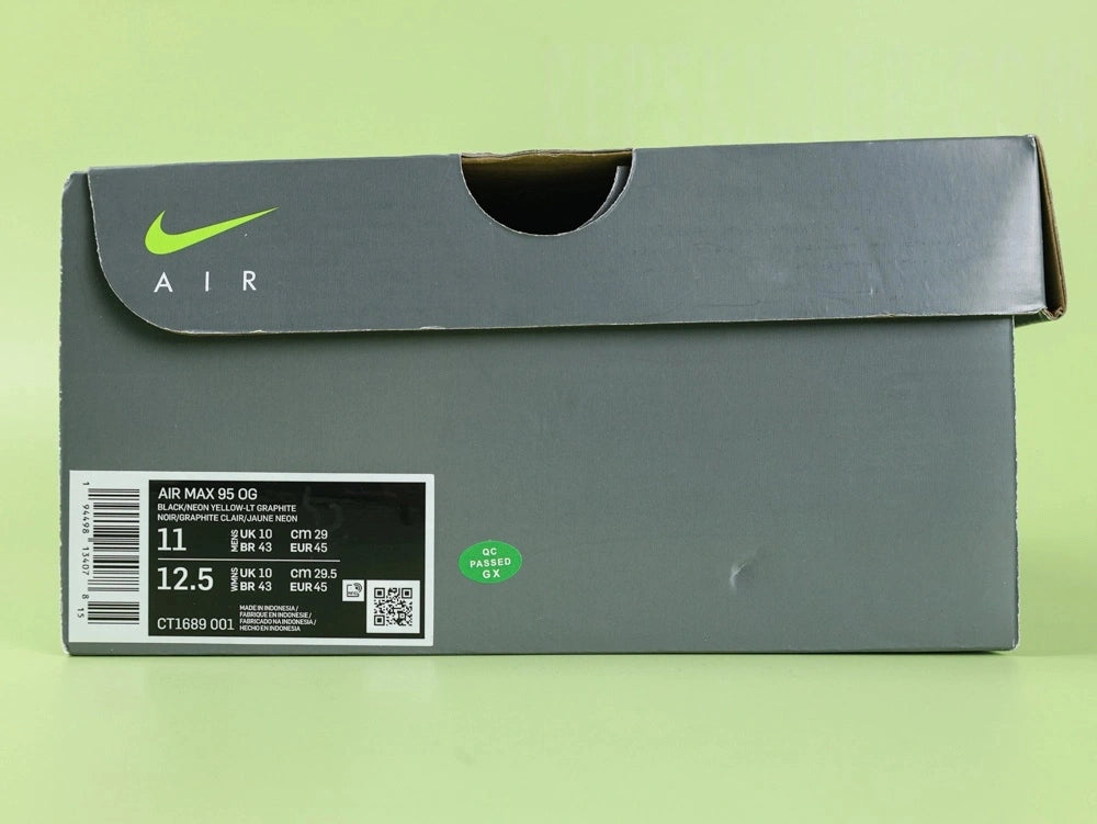 Air Max 95 OG Neon CT1689-001 - Pair Three Quarter Lateral View on Green Background Showing Full Upper Construction Grey Gradient Spine Neon Yellow Swoosh Volt Translucent Air Units and Black Midsole