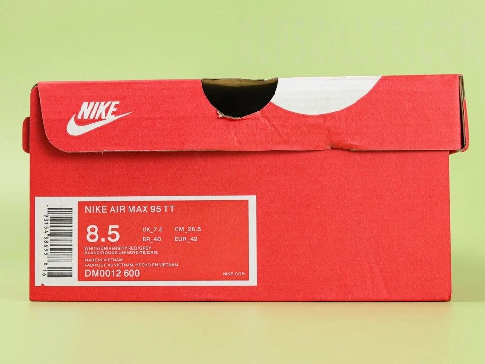 Air Max 95 TT Anatomy of Air - Toe Box Forefoot Close Up on Green Background Showing Medium Grey Grid Textured Suede Mudguard White Diamond Quilted Mesh Quarter Panel Light Pink Upper Spine and Sky Blue Tongue Lace Loop