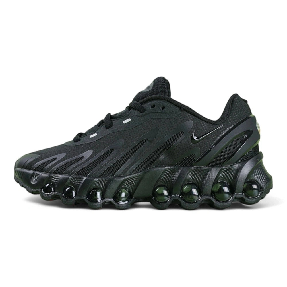 Air Max Dn8 All Black - Full Lateral Profile View on White Background Showing Triple Black Upper Black TPU Flame Cut-Out Overlays Gloss Black Swoosh and Translucent Black Dn8 Air Pods on Midsole