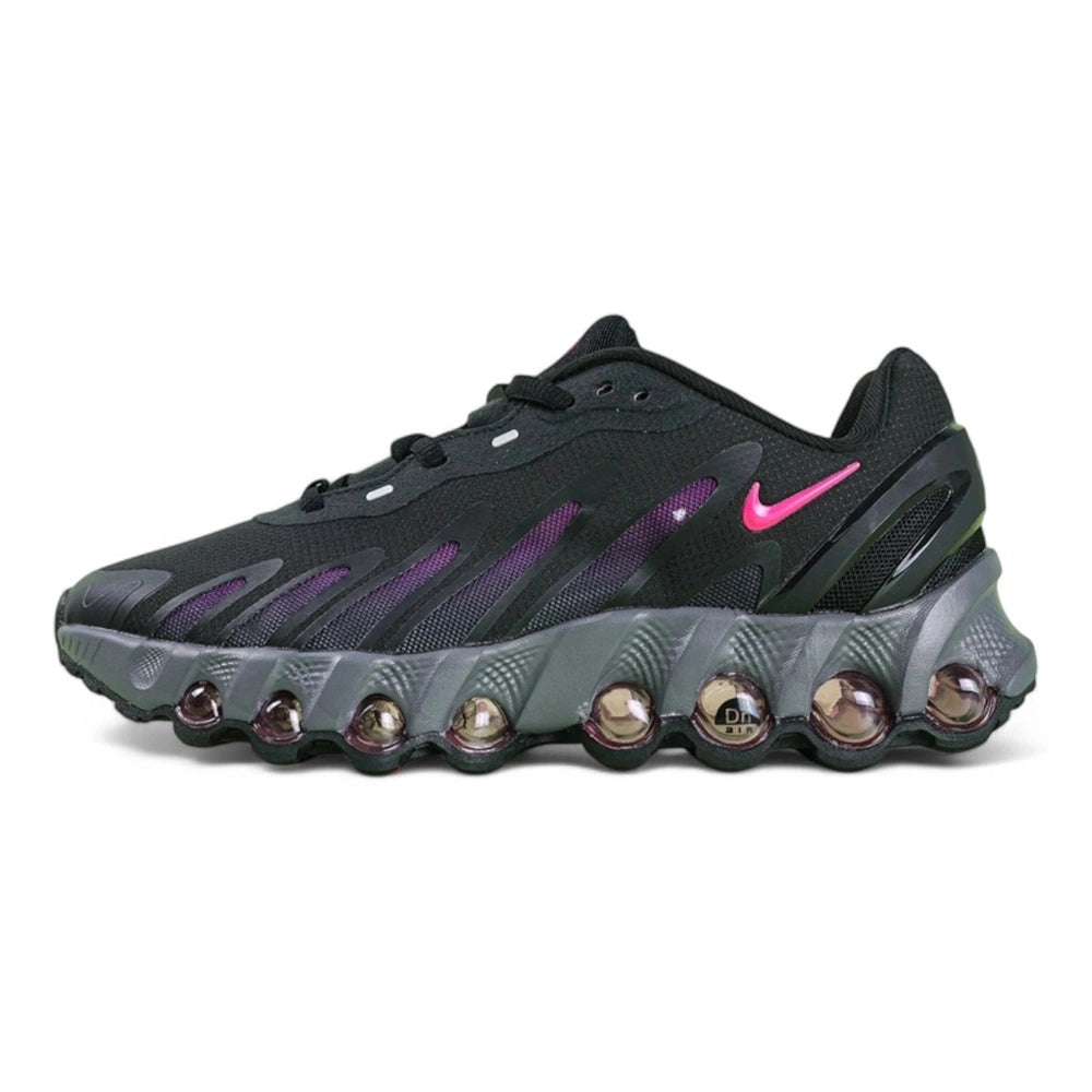Air Max Dn8 Black Purple - Full Lateral Profile View on White Background Showing Black Upper Deep Purple Hex Mesh Panels Hot Pink 3D Swoosh and Translucent Grey Purple Dn8 Air Pods on Midsole