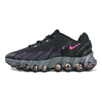 Air Max Dn8 Black Purple - Full Lateral Profile View on White Background Showing Black Upper Deep Purple Hex Mesh Panels Hot Pink 3D Swoosh and Translucent Grey Purple Dn8 Air Pods on Midsole