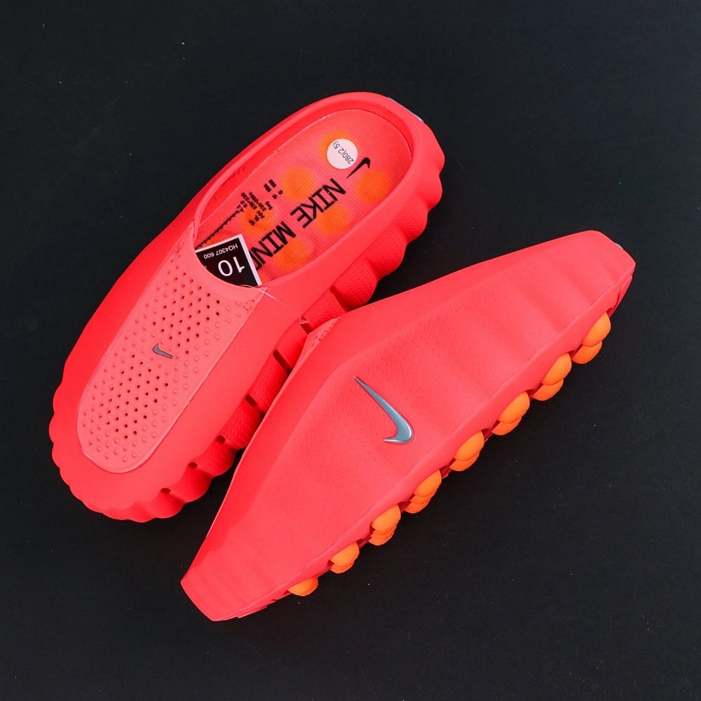 Mind 001 Mule Solar Red 2026 - Top view pair perforated upper silver Swoosh close-up