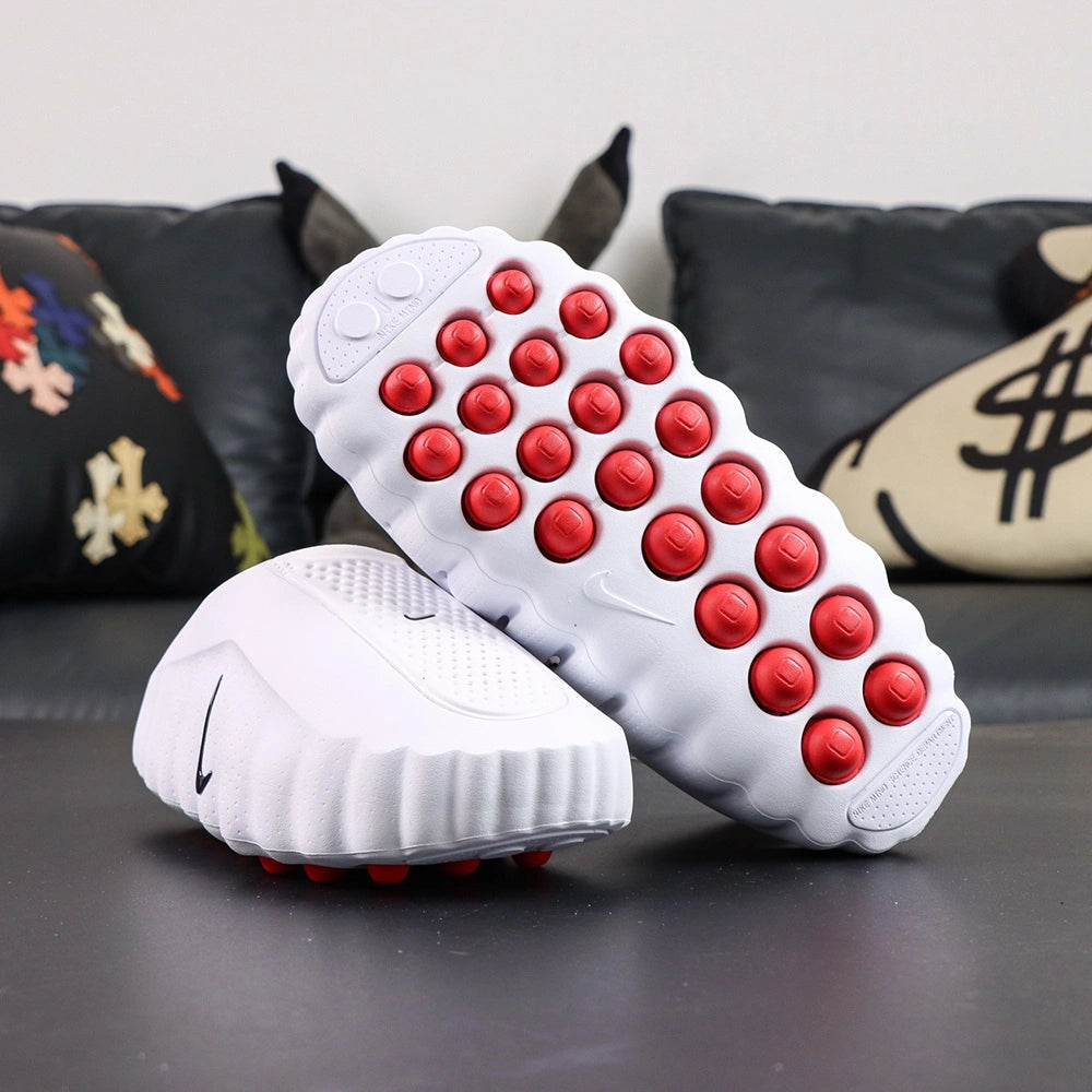 Mind 001 Mule White Speed Red 2026 - Heel view gunmetal NK and MIND badges blush interior pair with Pikachu backdrop